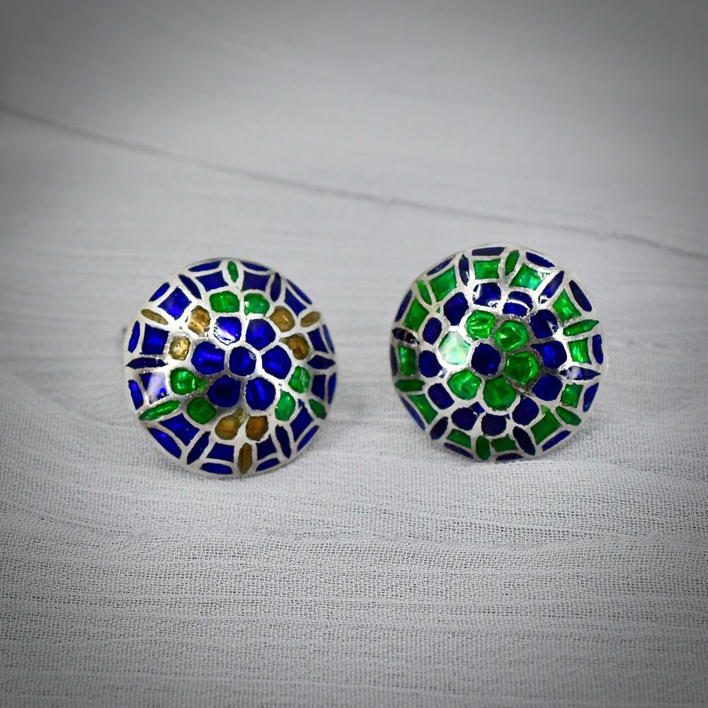 Vintage Plata Sterling Silver Round Dome Mosaic Enamel Clip-On Earrings 925